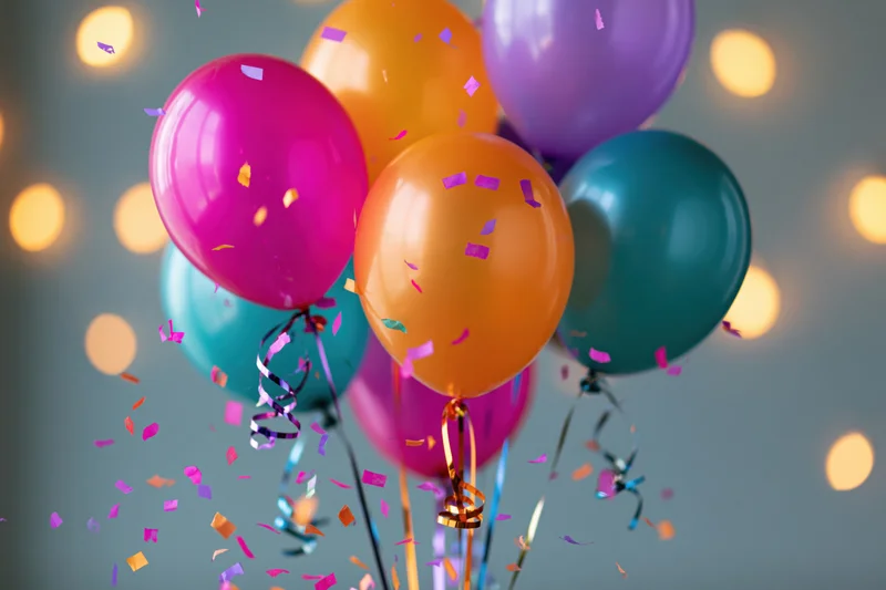 Cluster of colorful helium balloons floating with confetti and ribbons against a bokeh light background