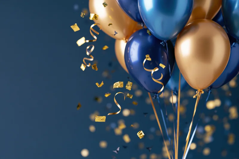 Cluster of metallic blue and gold balloons with falling confetti and streamers against a dark blue background