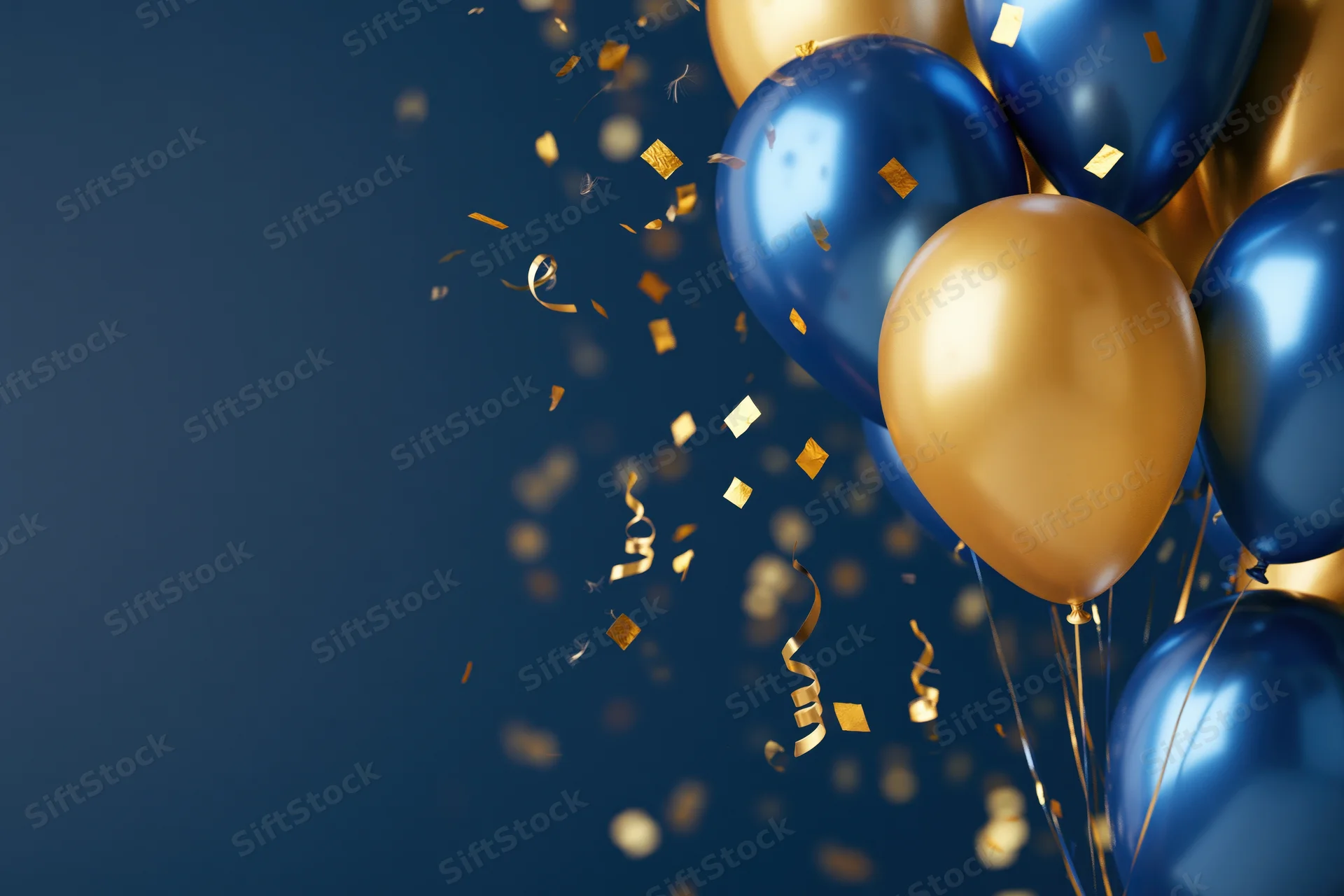 Metallic blue and gold balloons with falling confetti and streamers against a dark blue background