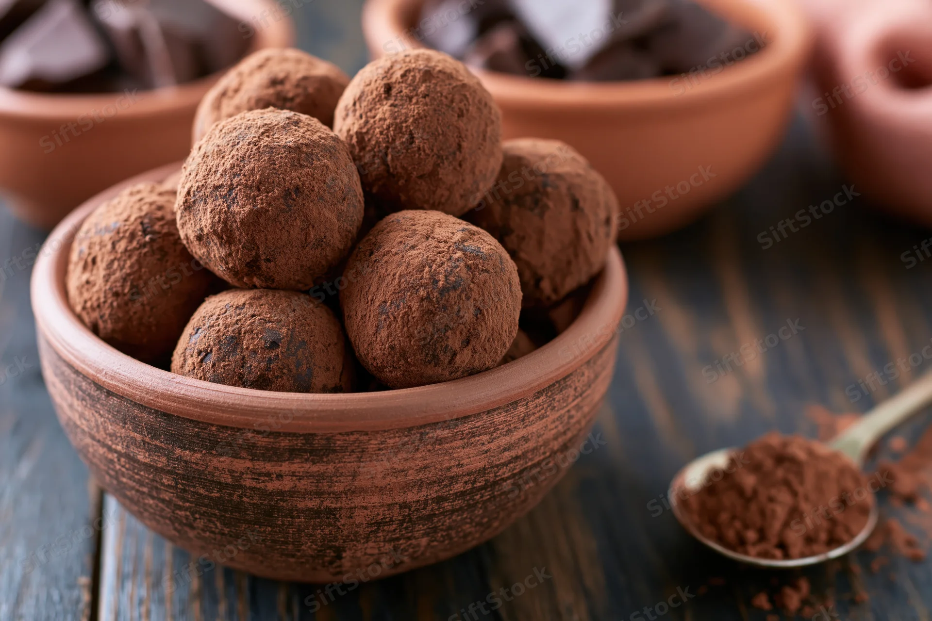 Cocoa-dusted chocolate truffles piled in a rustic ceramic bowl on a wooden table with a spoon of cocoa powder beside it