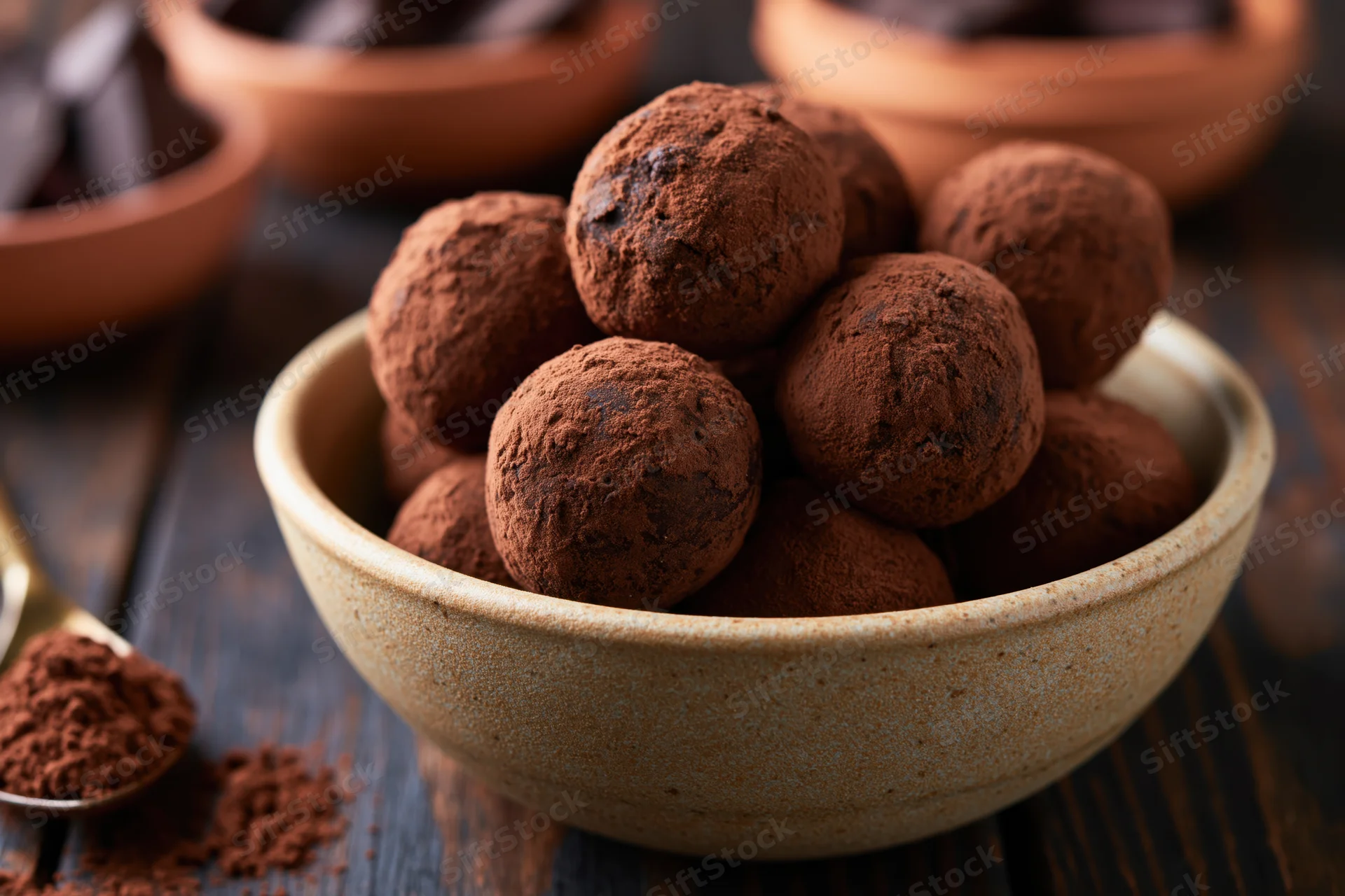 Cocoa-dusted chocolate truffles piled in a rustic ceramic bowl on dark wood table