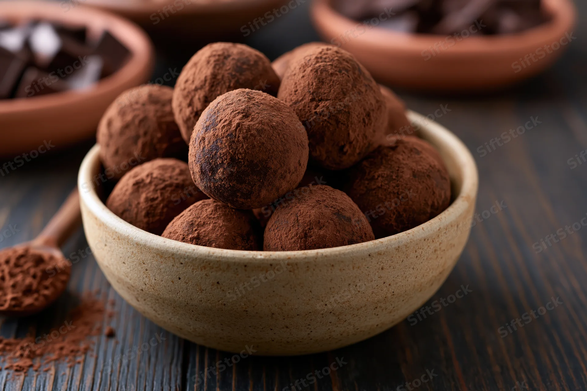 Cocoa-dusted chocolate truffles piled in a rustic ceramic bowl on a dark wooden table
