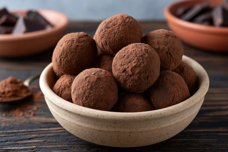 Cocoa-dusted chocolate truffles piled in a rustic ceramic bowl on a dark wooden surface