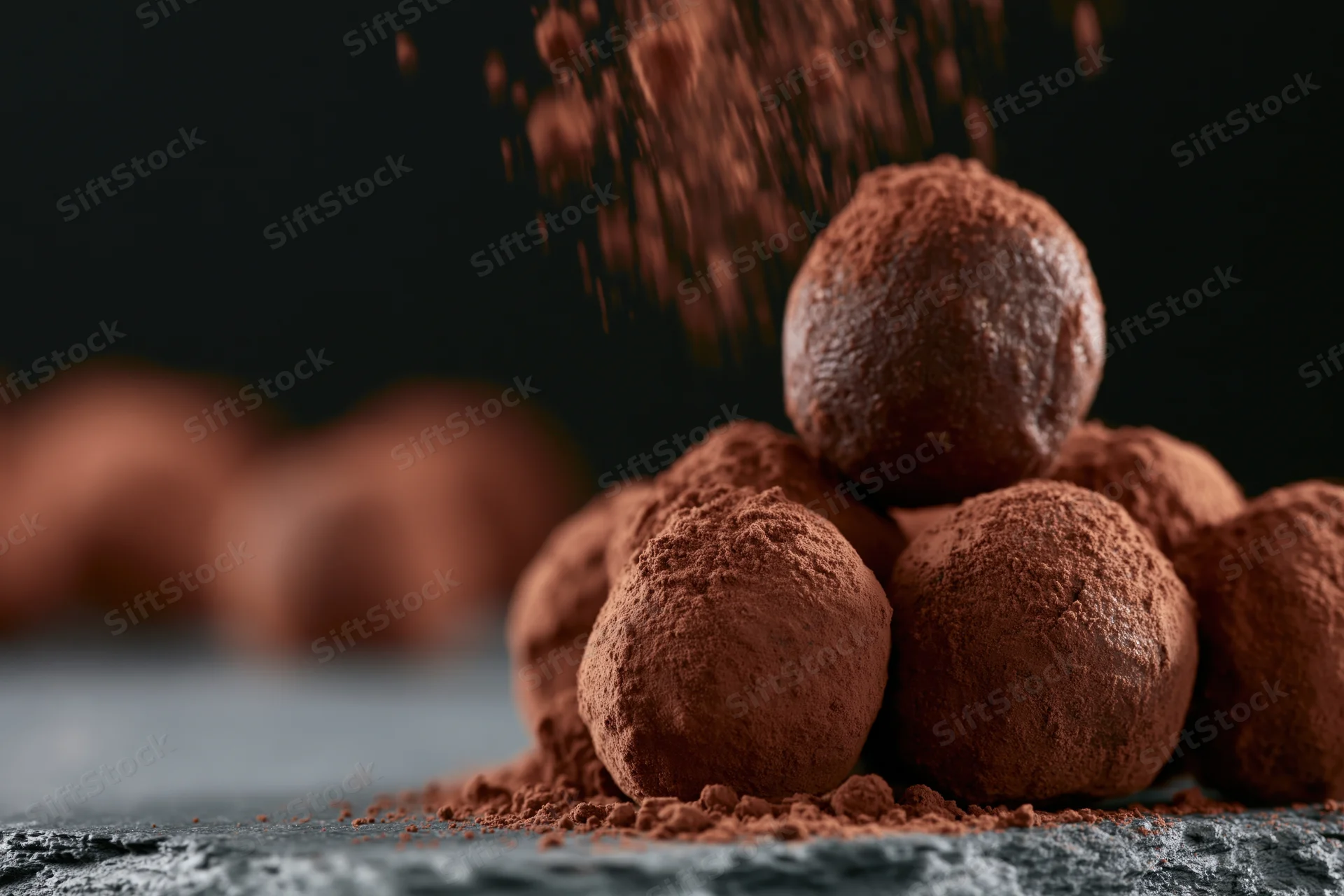 Cocoa powder being dusted over a small pile of round chocolates