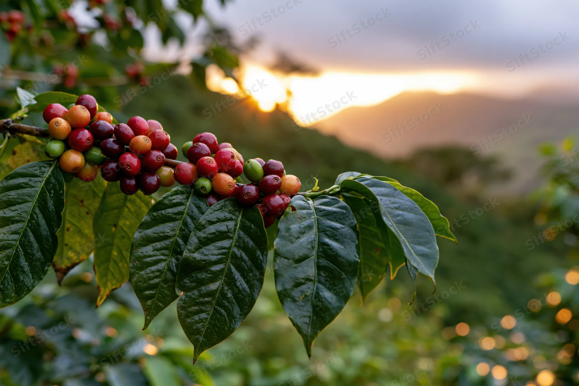 Coffee cherries in various ripeness stages on a branch with green leaves against a sunset mountain backdrop
