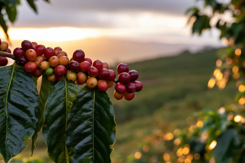 Coffee cherries in various ripeness stages on a branch with green leaves against a hilly landscape at sunset