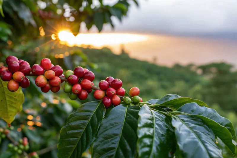 Coffee cherries in various ripeness stages on a branch with green leaves at sunrise