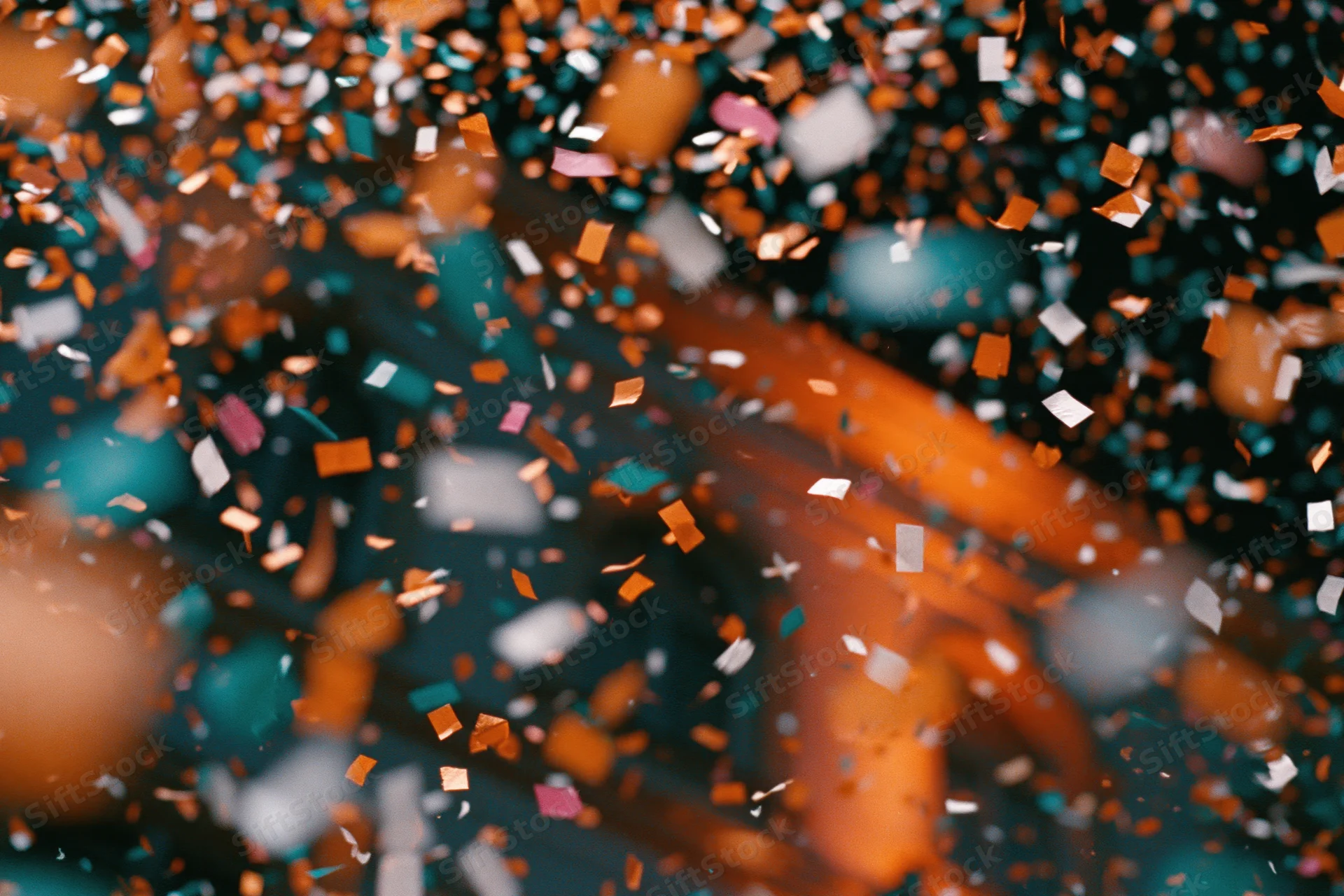 Colorful confetti pieces falling mid-air filling the frame with blurred background