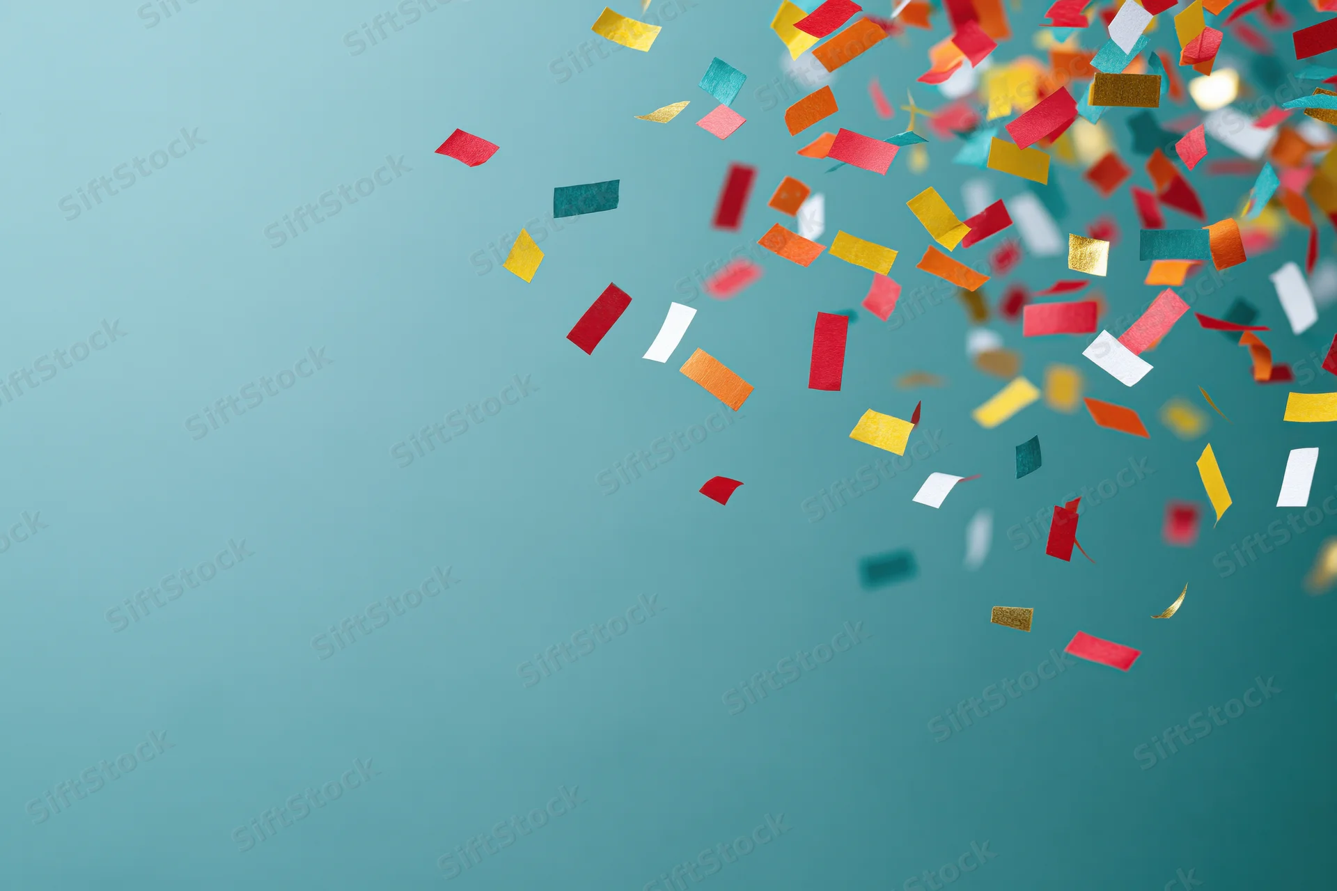 Colorful paper confetti falling across a teal background with copyspace on the left