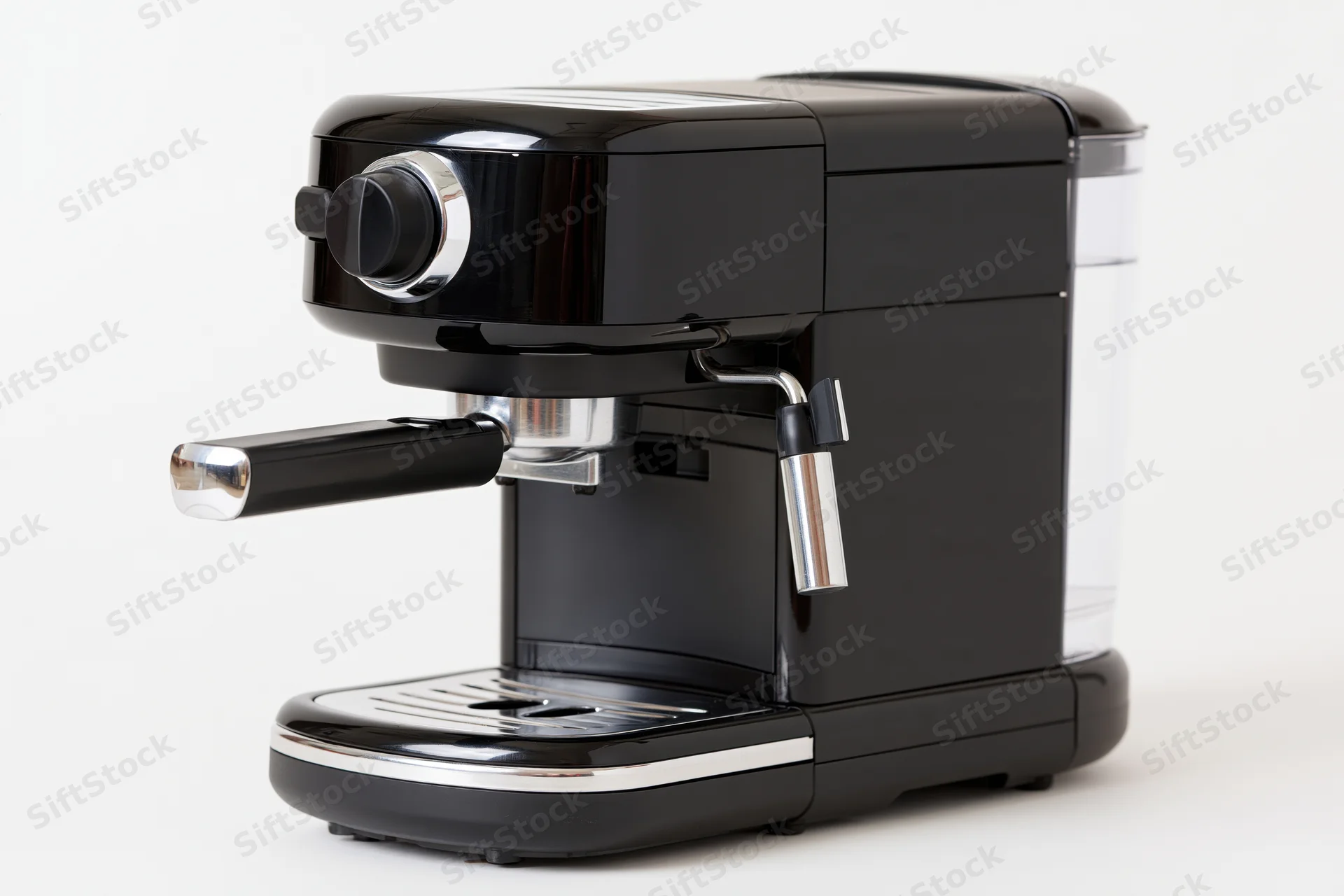 Compact black espresso machine with chrome portafilter handle on white background