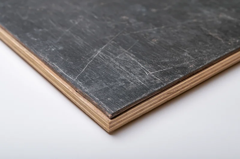 Corner of a worn black slate chalkboard panel with visible scratches and wood edge on white background