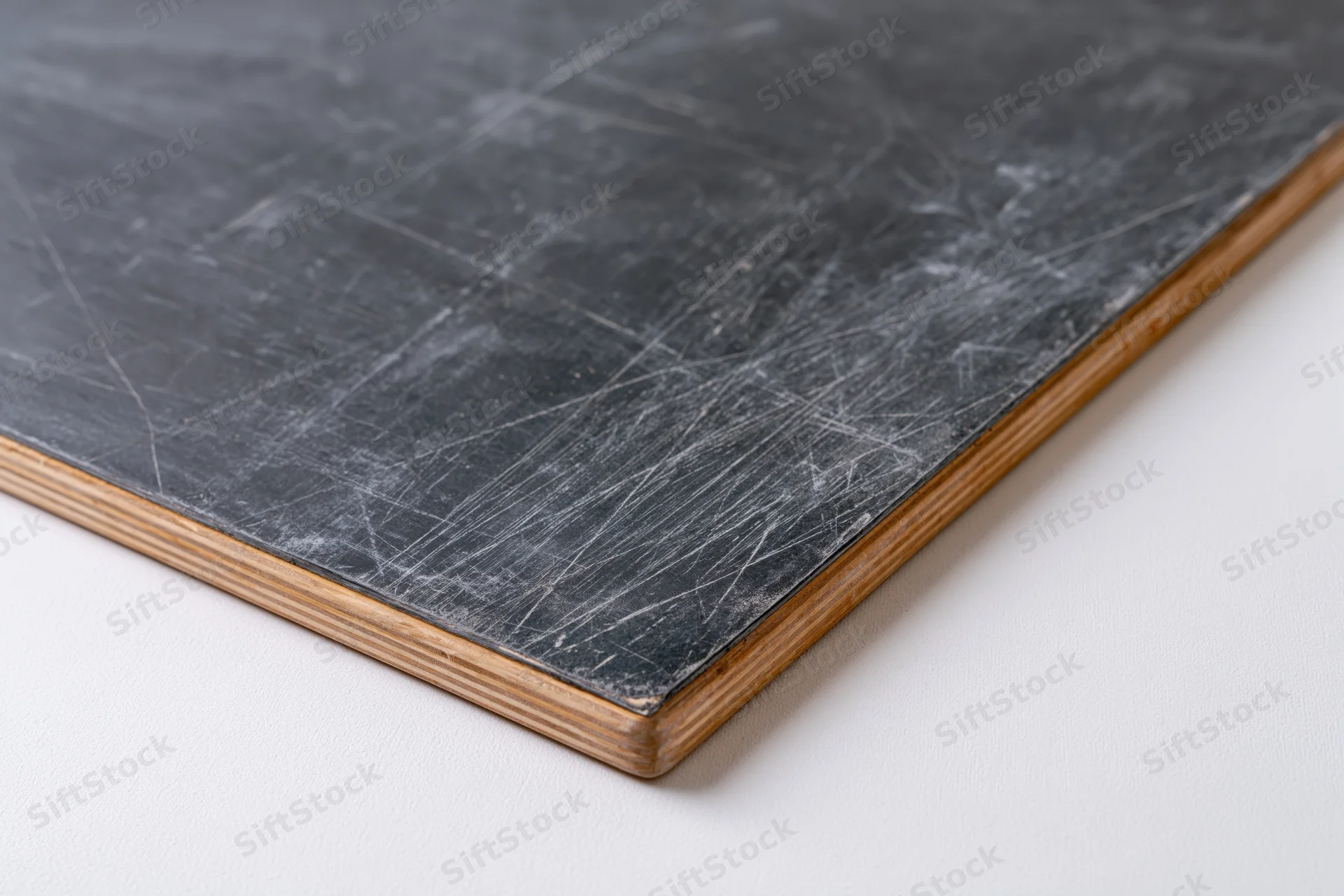 Corner of a worn chalkboard with white residue and wooden frame on plain surface