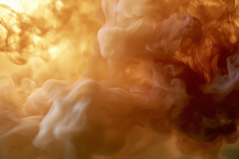 Swirling cream and amber ink dispersing in water against a warm glowing background