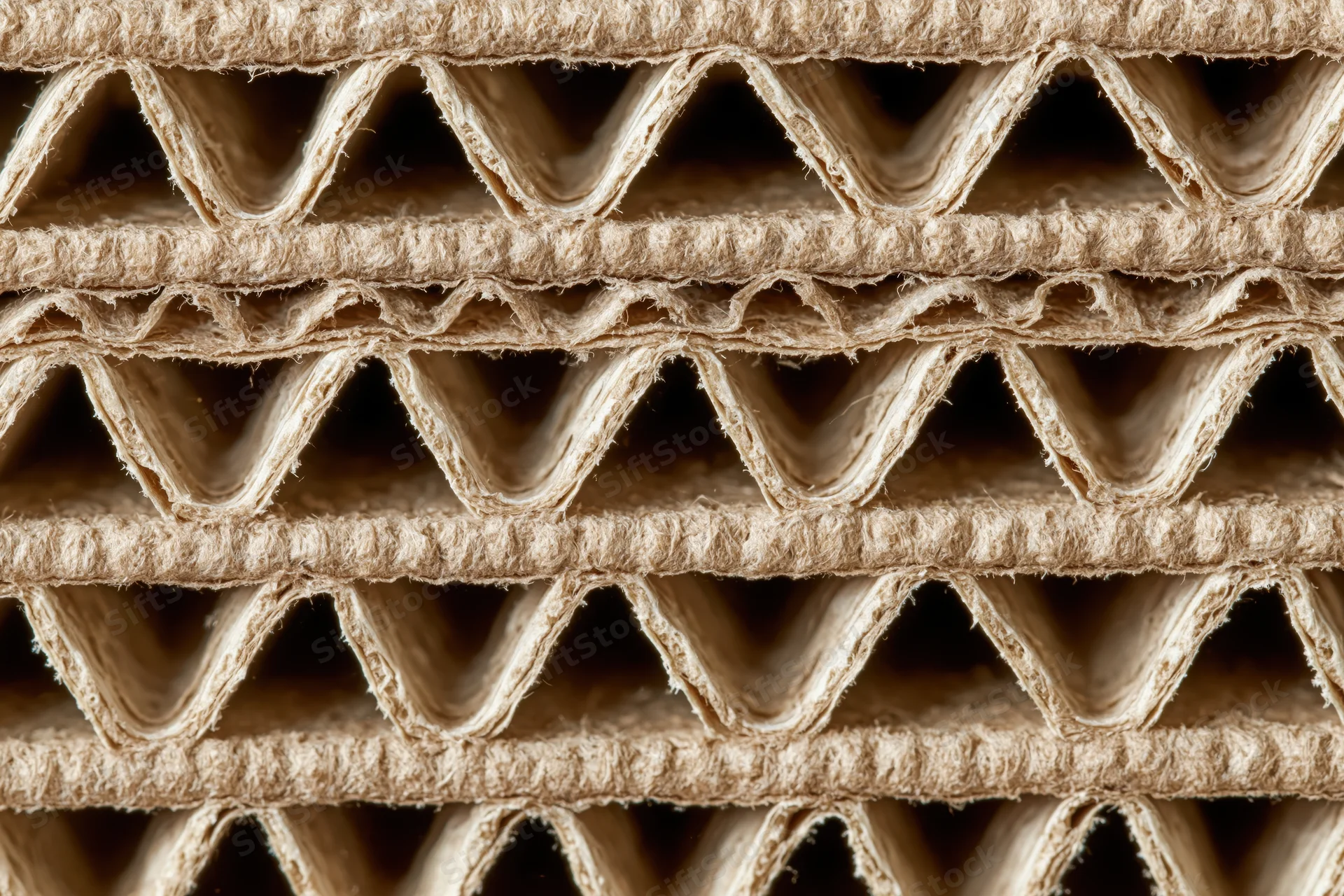 Close-up of layered corrugated cardboard cross-section filling the frame