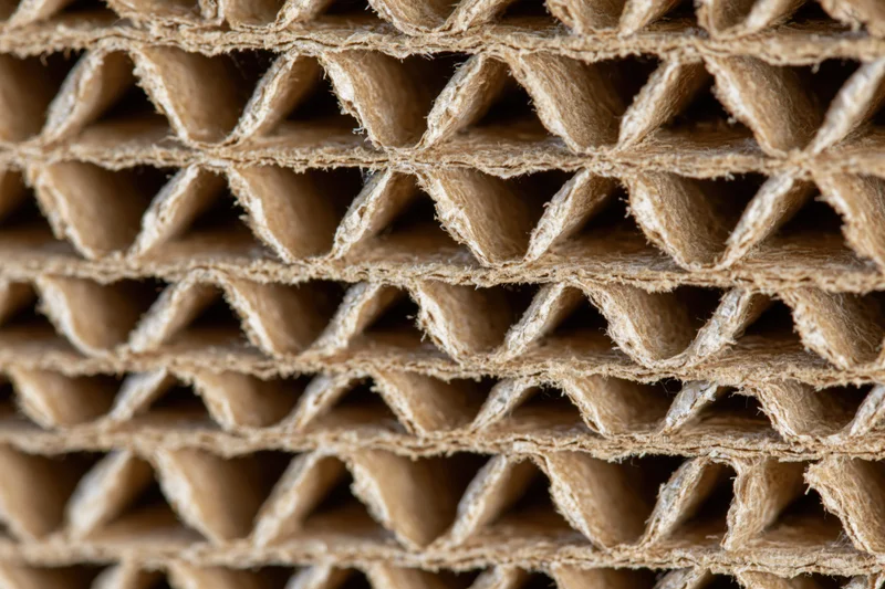 Closeup of corrugated cardboard cross-section showing fluted layers and fibrous texture