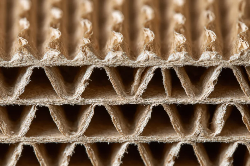 Closeup of corrugated cardboard cross section showing fluted layers and fiber texture
