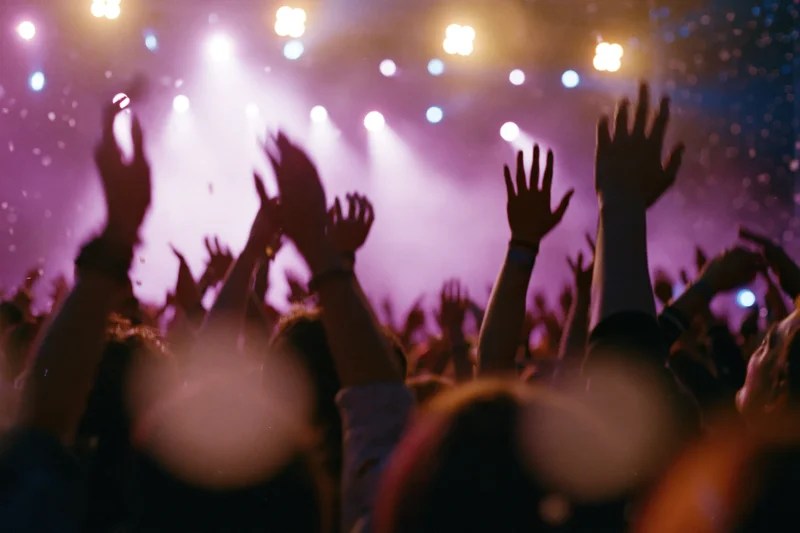 Crowd of concert-goers with arms raised silhouetted against stage lights