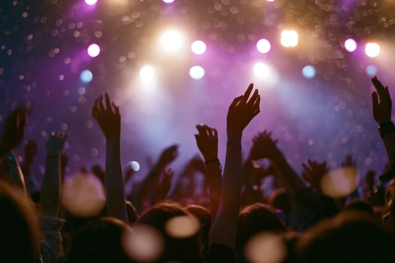 Silhouetted crowd with arms raised at a concert under stage lights