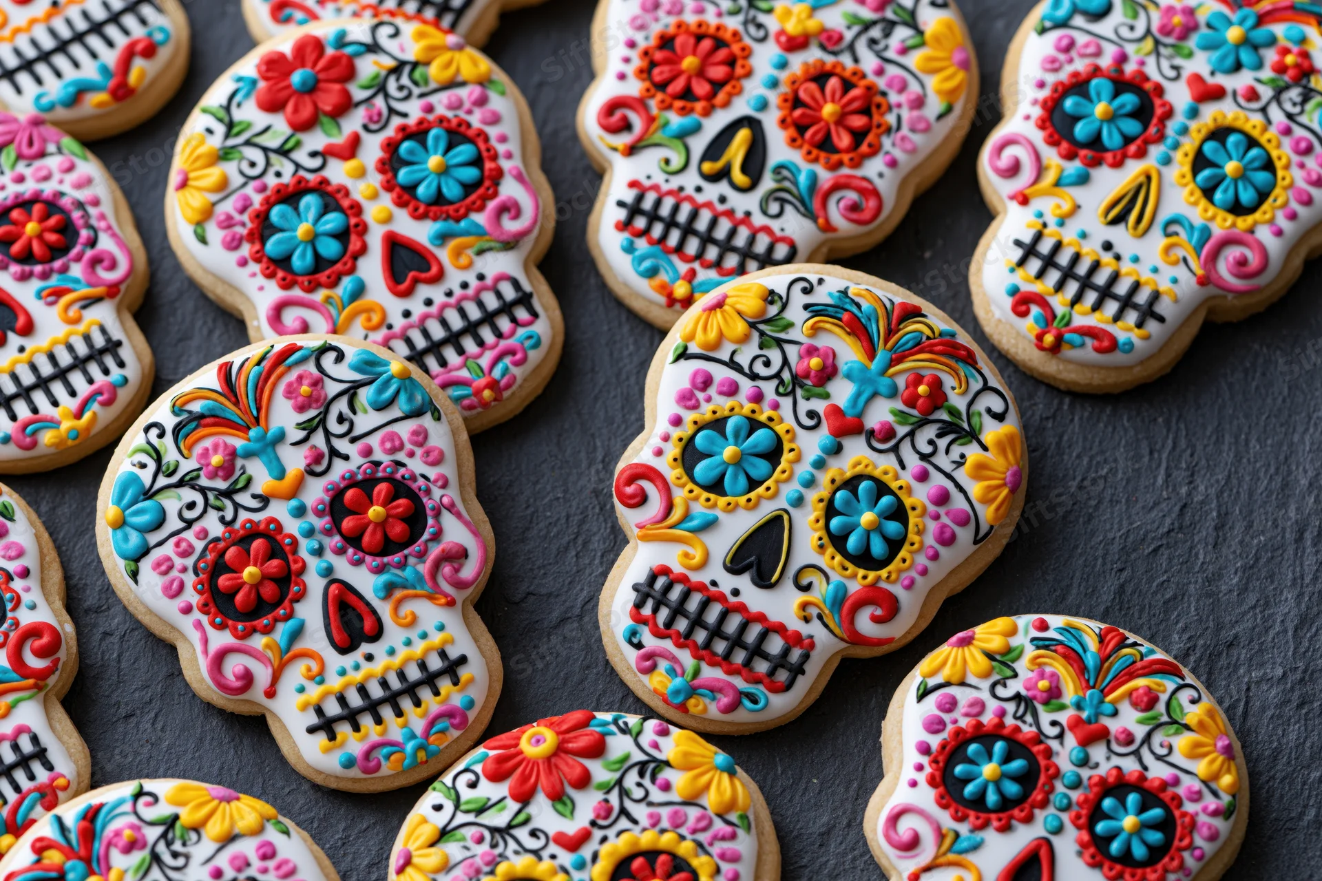 Sugar skull cookies decorated with colorful icing arranged on dark surface