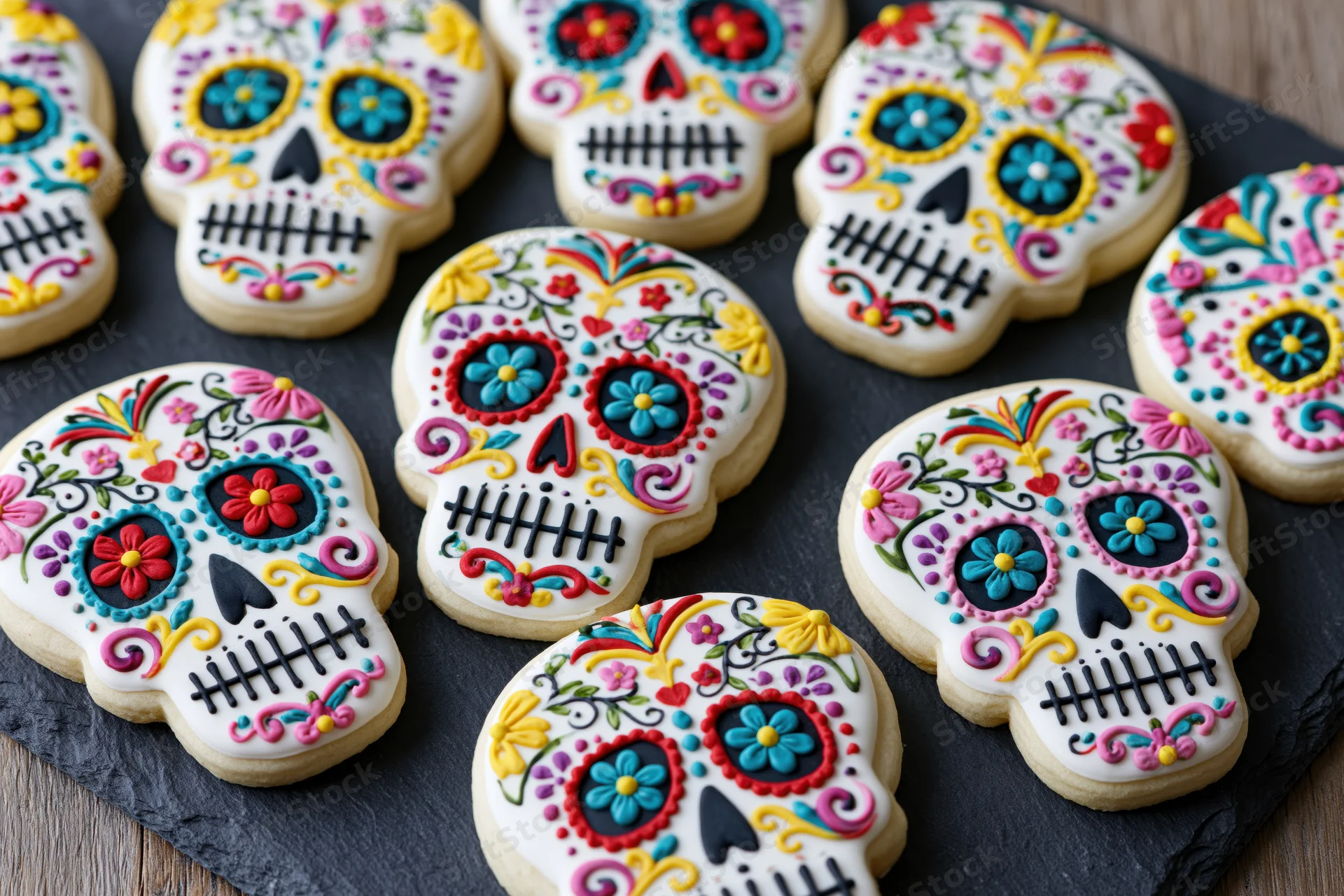 Sugar skull cookies decorated with colorful icing and floral patterns arranged on a slate tray