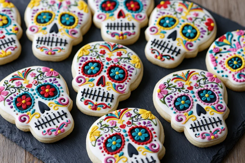 Sugar skull cookies decorated with colorful icing and floral patterns arranged on a slate tray