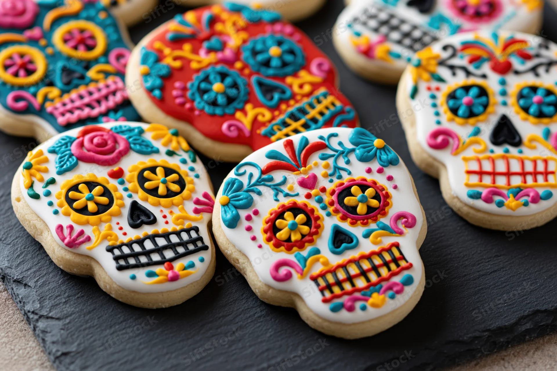 Sugar skull cookies decorated with colorful icing arranged on a slate surface