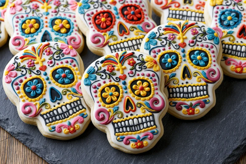 Sugar skull cookies decorated with colorful icing arranged on a slate surface