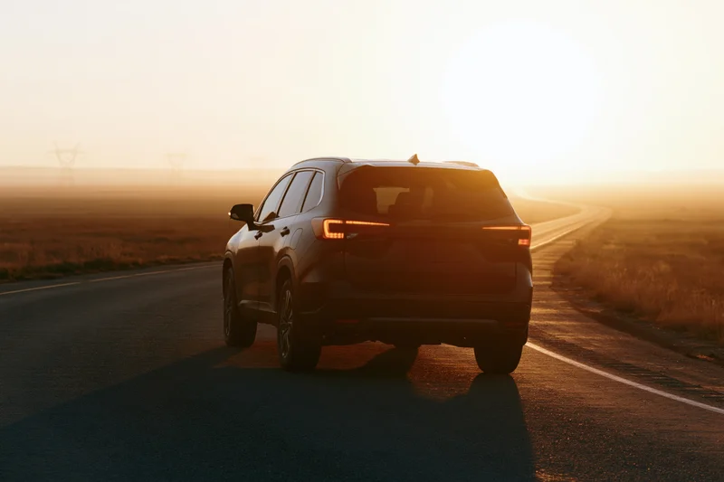 Dark suv driving on rural asphalt road at sunset