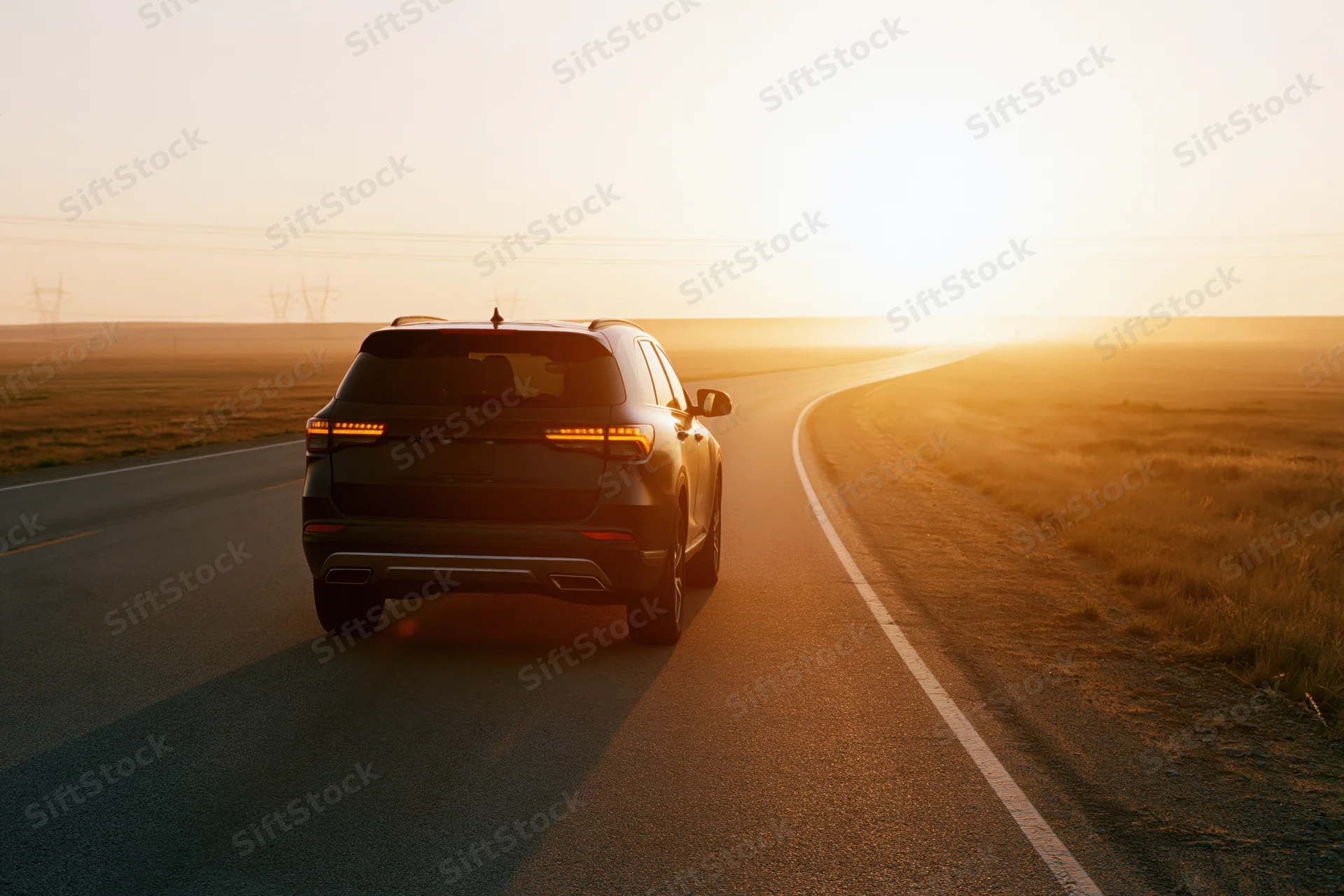 Dark suv driving on rural asphalt road at sunset