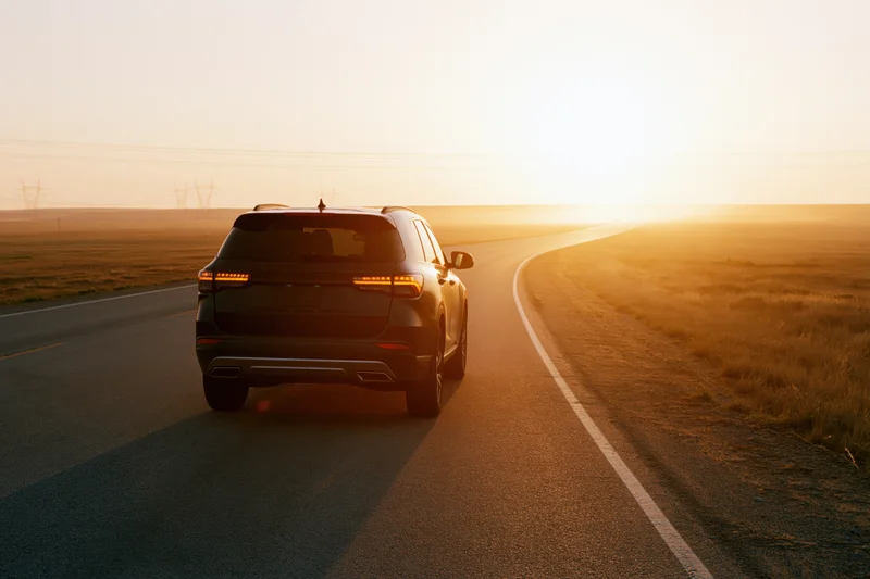 Dark suv driving on rural asphalt road at sunset