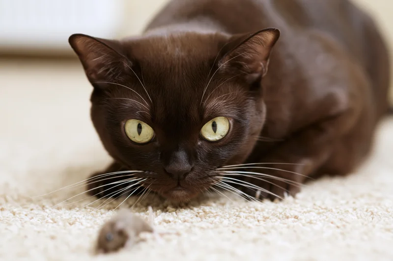 Dark brown burmese cat crouching low in hunting position on beige carpet with toy mouse in front