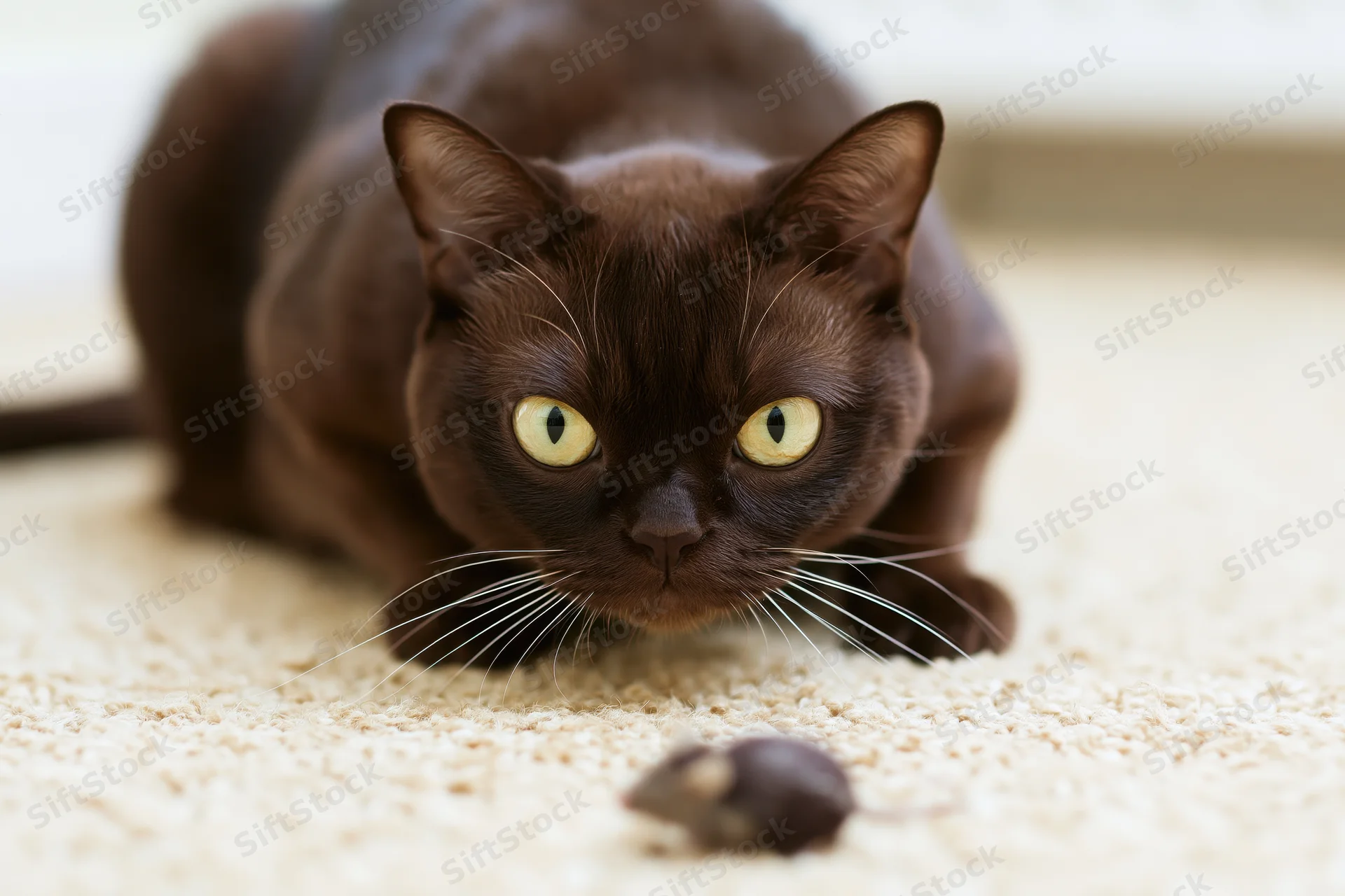 Dark brown burmese cat crouched low in hunting position on beige carpet with toy mouse in front