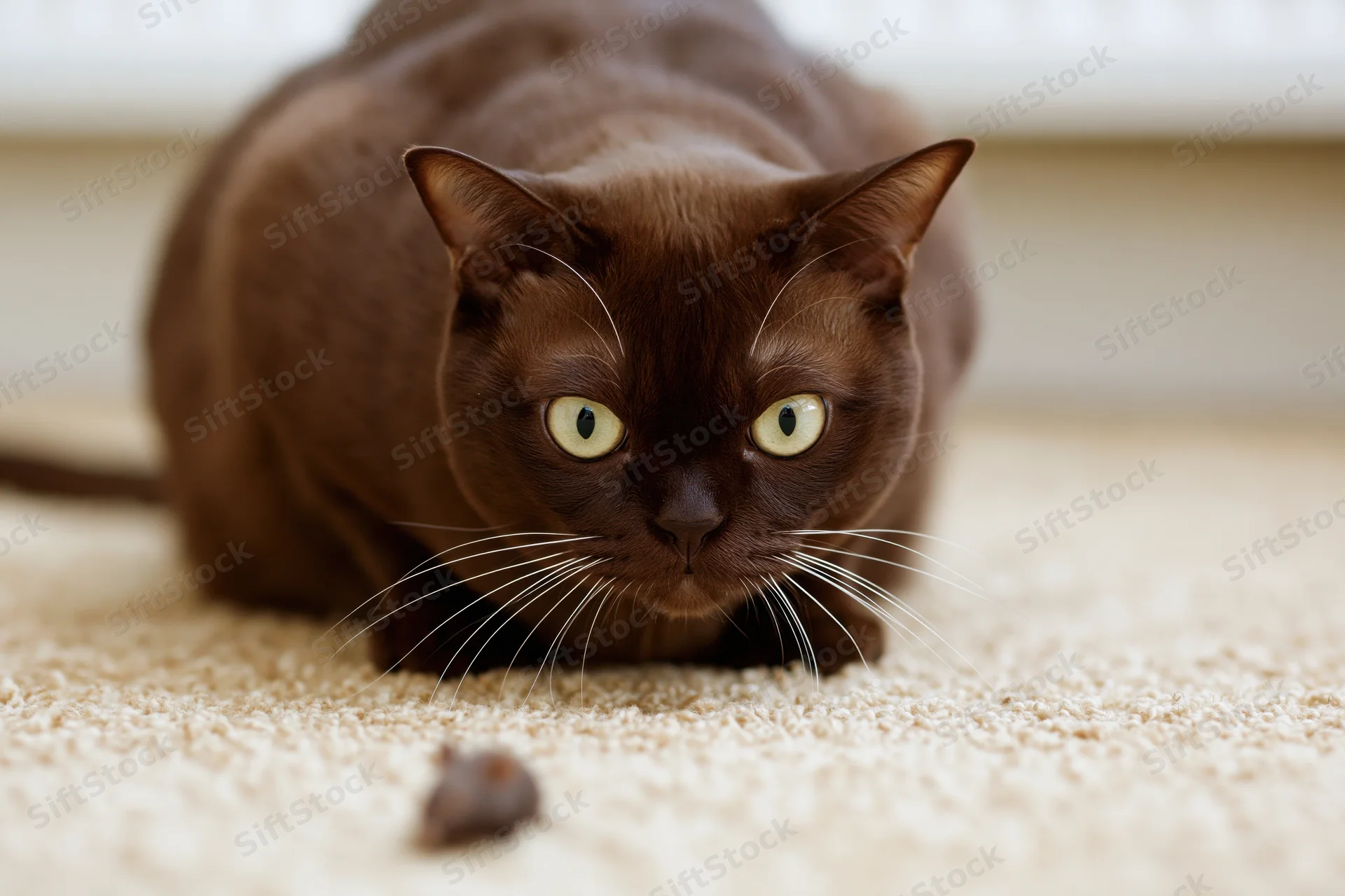 Dark brown burmese cat crouching low in hunting position on beige carpet with small toy mouse in front
