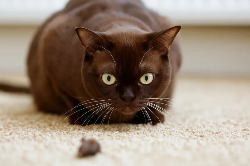 Dark brown burmese cat crouching low in hunting position on beige carpet with small toy mouse in front