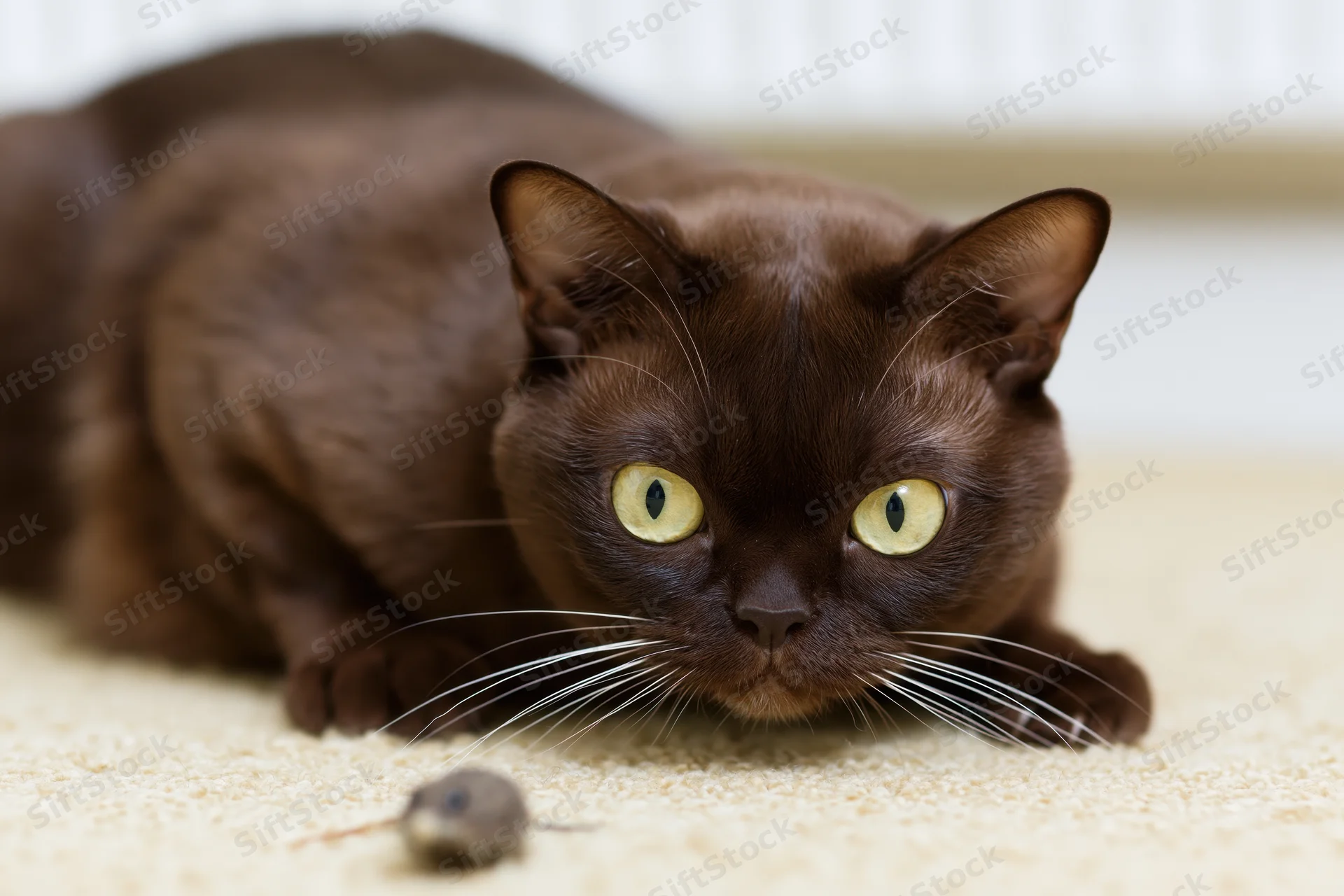 Dark brown burmese cat crouched low in hunting position on beige carpet with small toy mouse in front