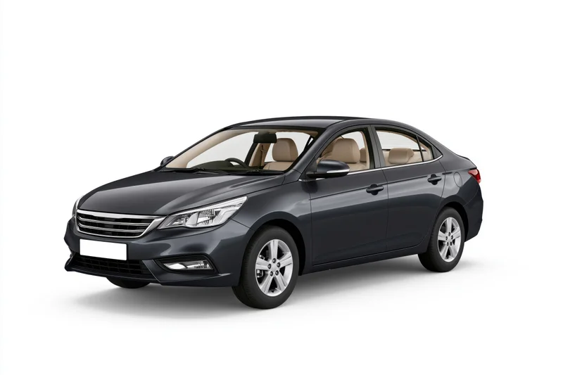 Dark charcoal grey sedan viewed from threequarter front angle on white background