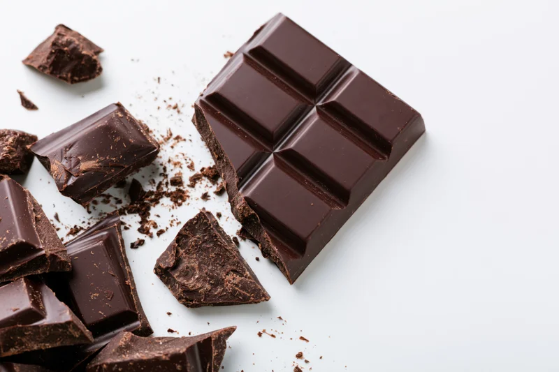Dark chocolate bar broken into pieces one large intact block