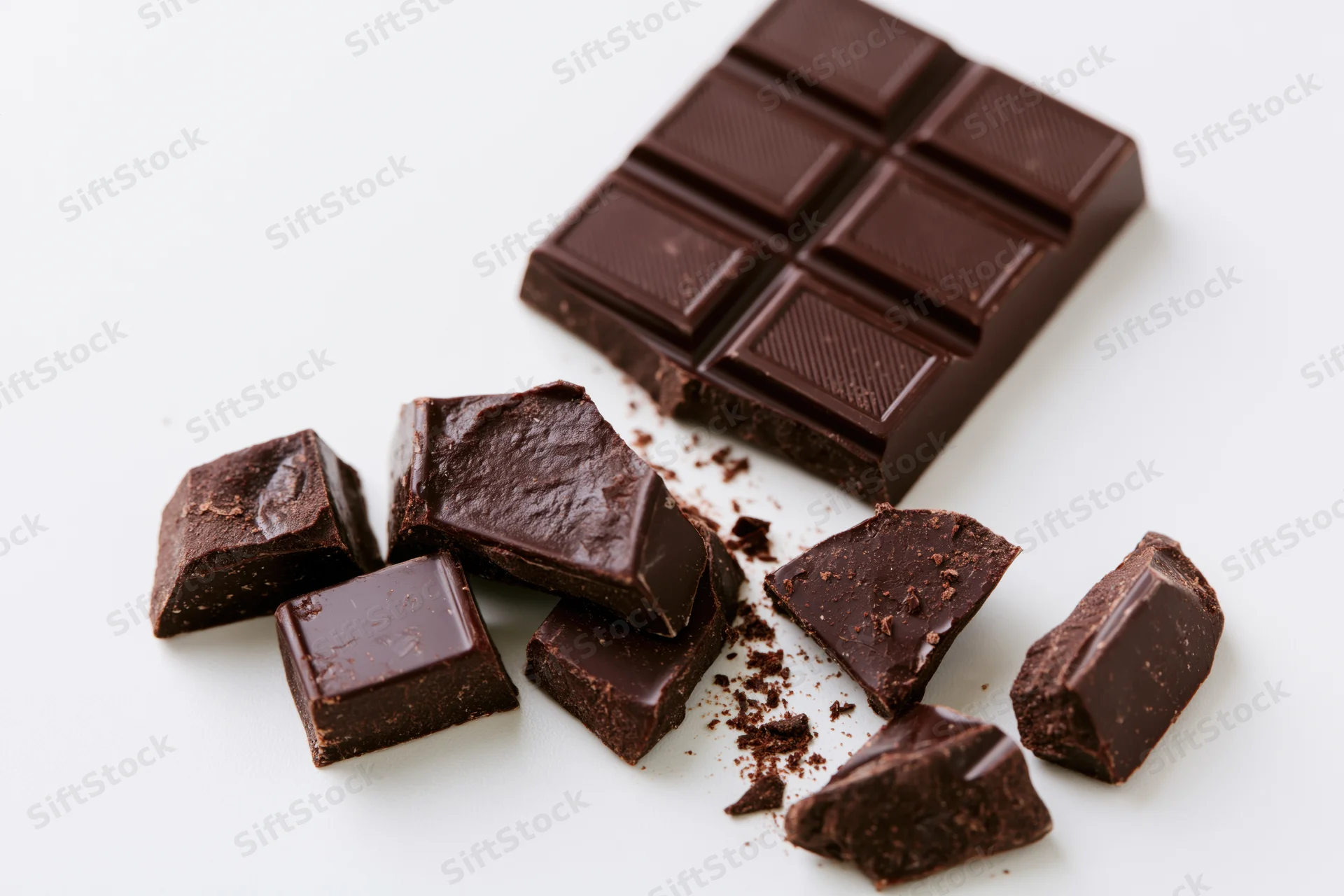 Dark chocolate bar broken into pieces on white background