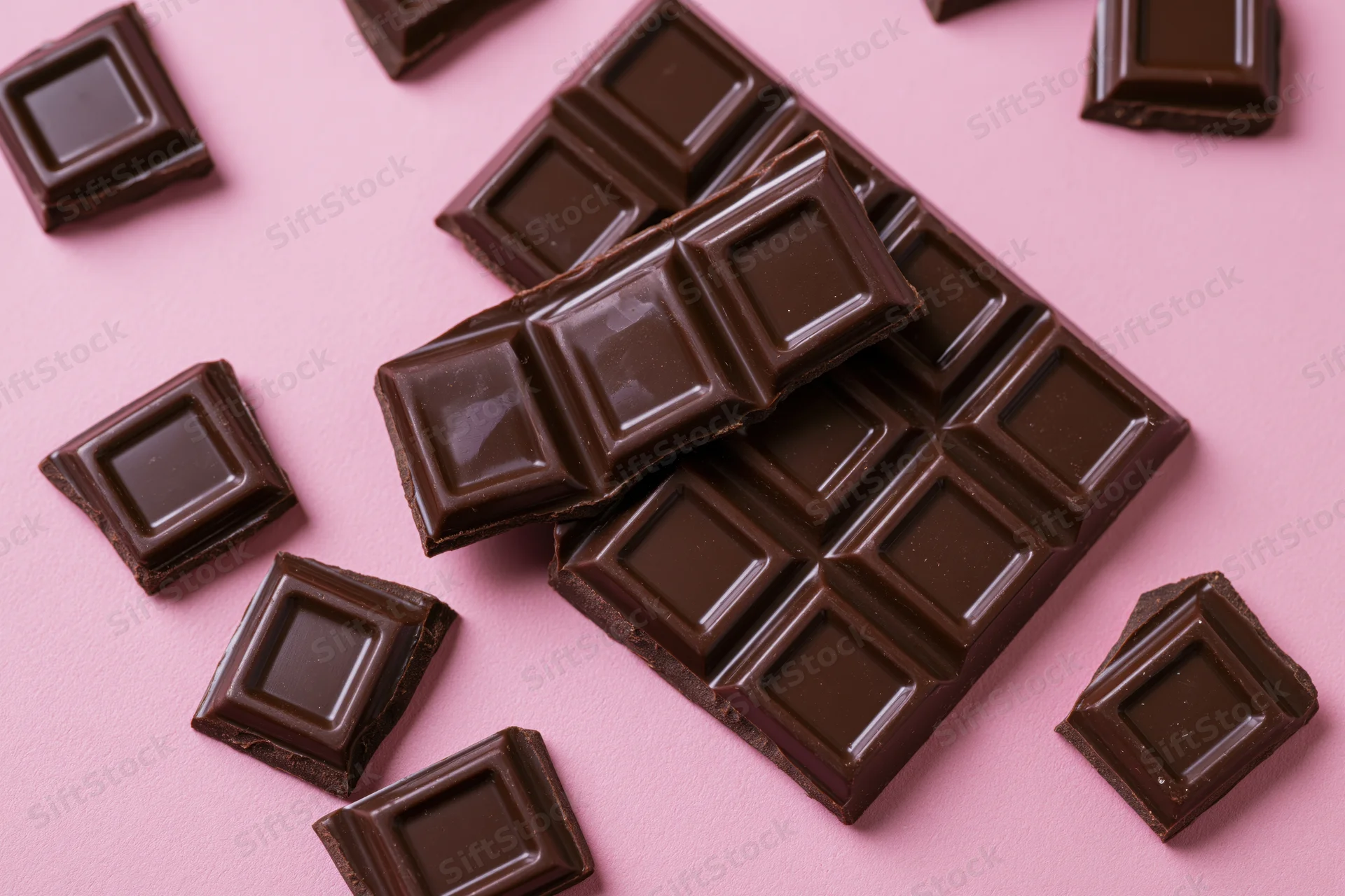 Broken dark chocolate bar with scattered pieces on pink background
