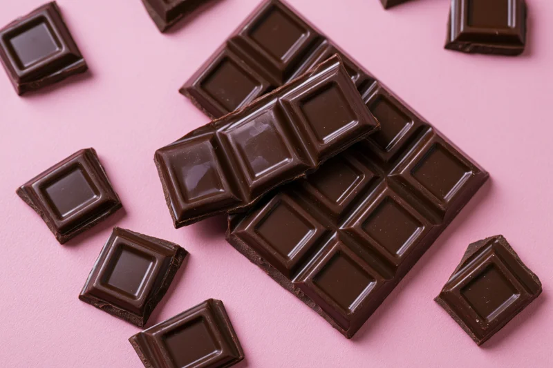 Broken dark chocolate bar with scattered pieces on pink background