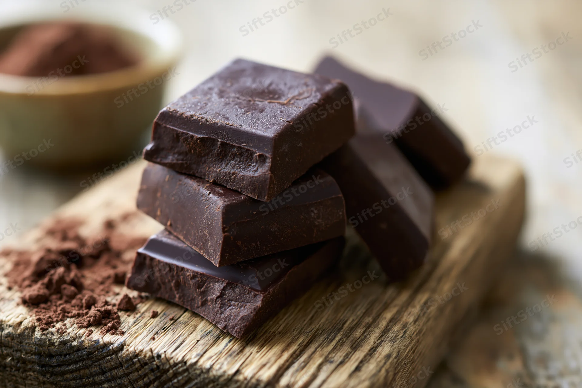 Thick dark chocolate chunks stacked on a wooden cutting board with cocoa powder nearby