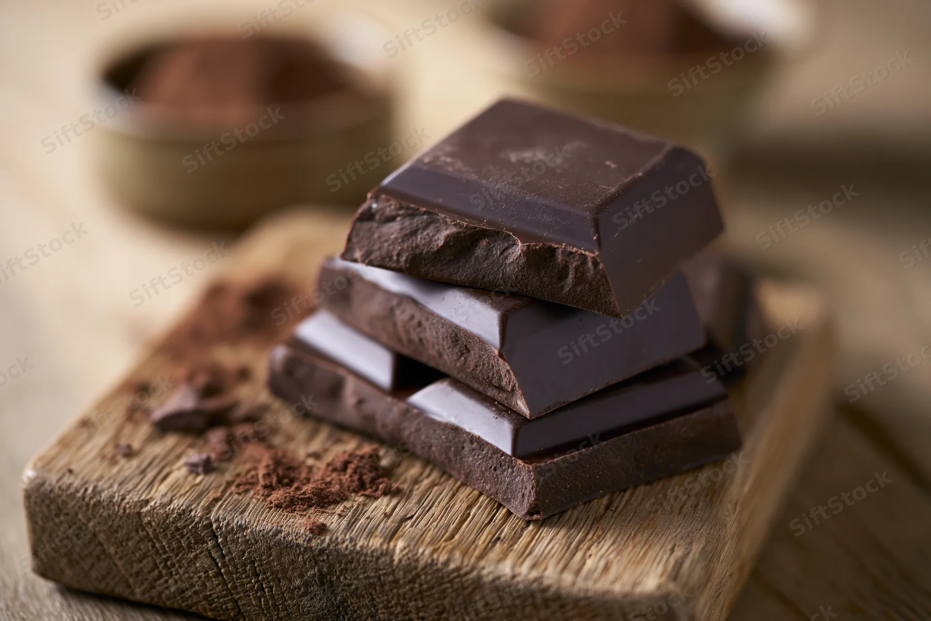 Broken dark chocolate bar pieces stacked on a wooden cutting board with cocoa powder nearby