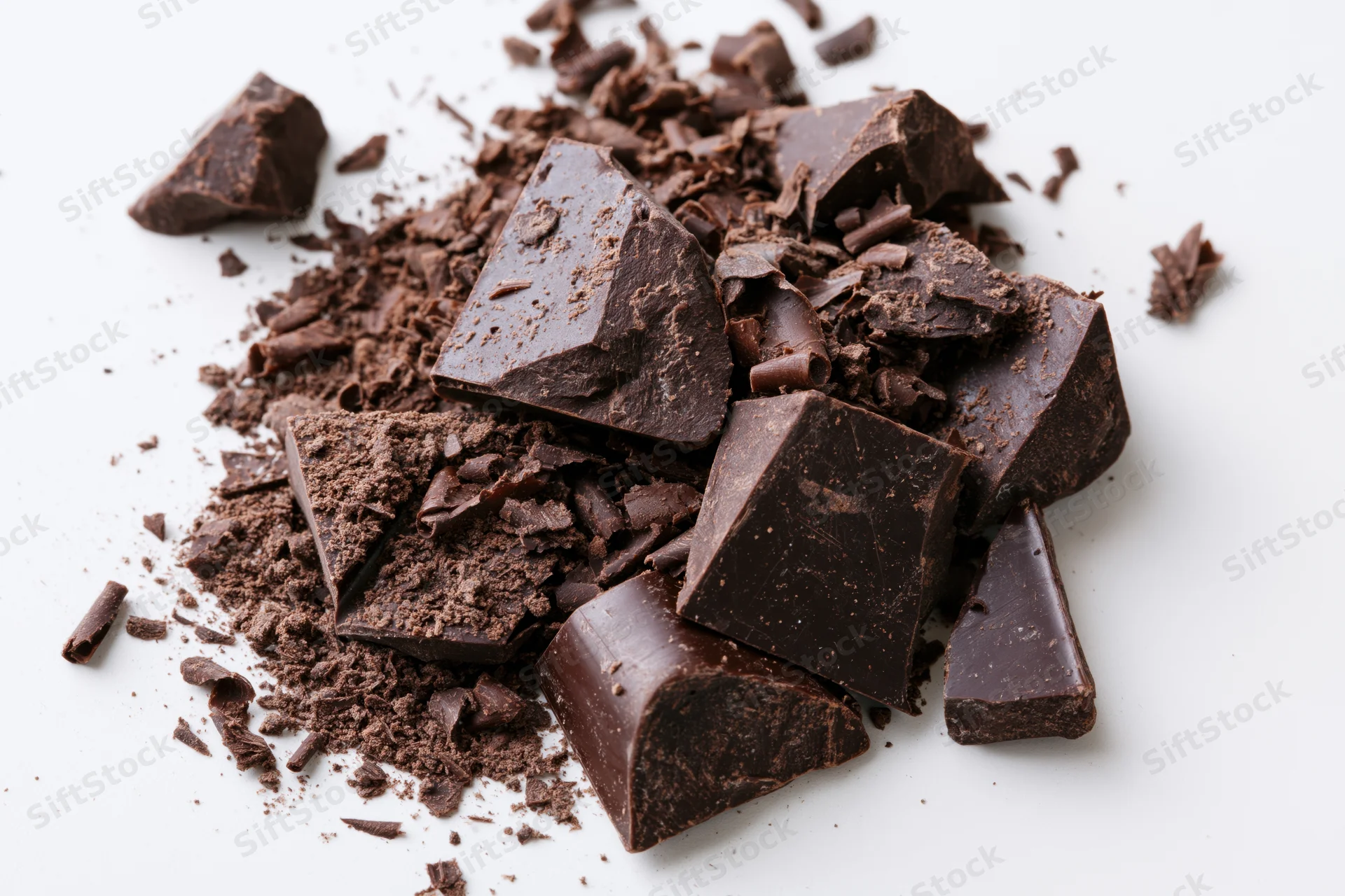 Broken dark chocolate chunks and shavings scattered on white surface