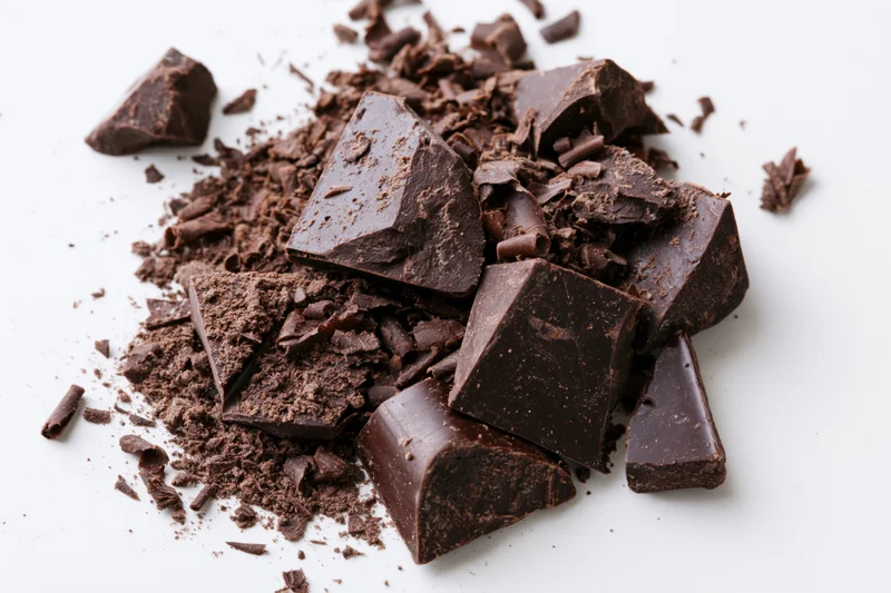 Broken dark chocolate chunks and shavings scattered on white surface