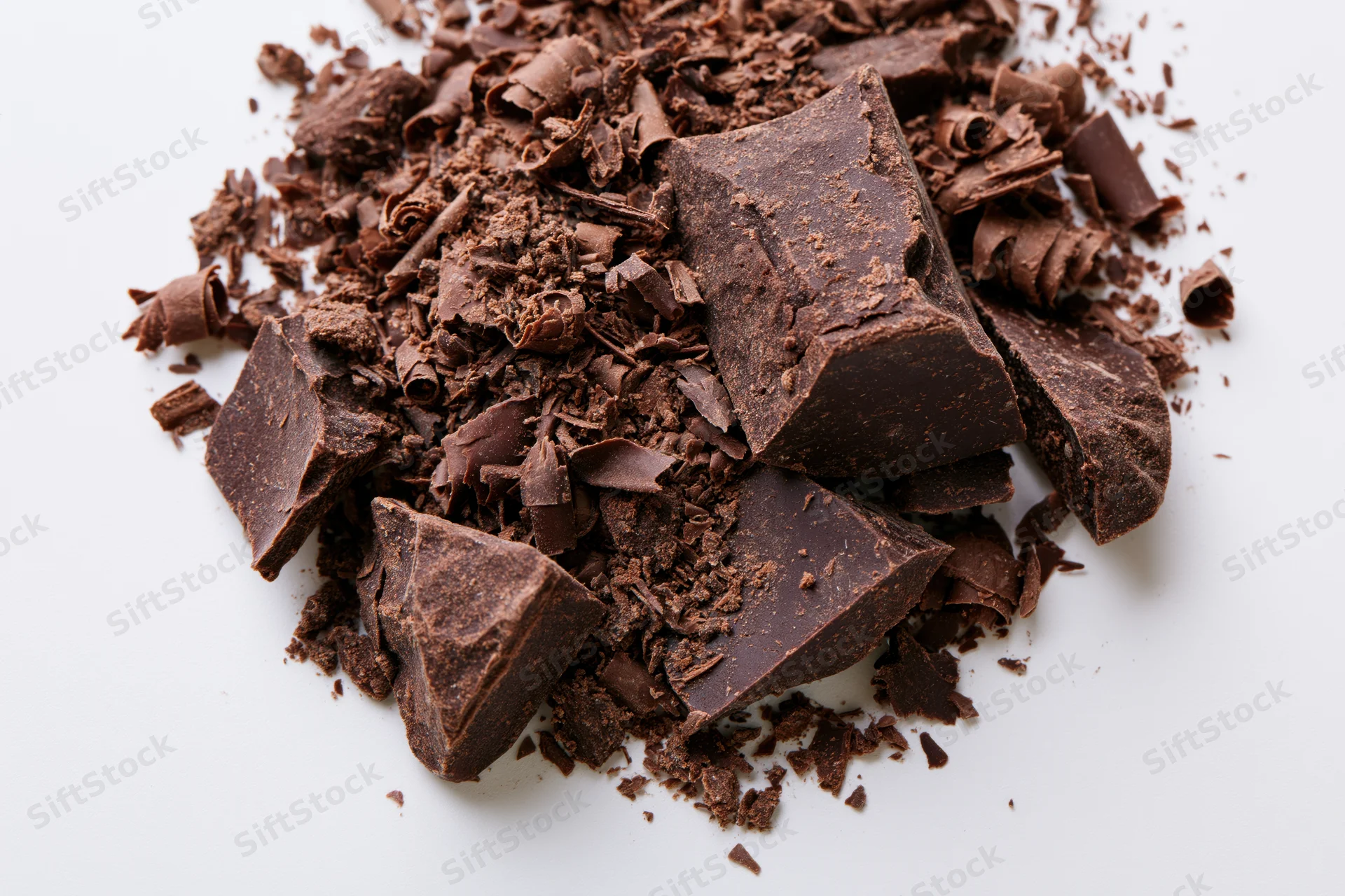 Dark chocolate shavings and broken chunks scattered on white background