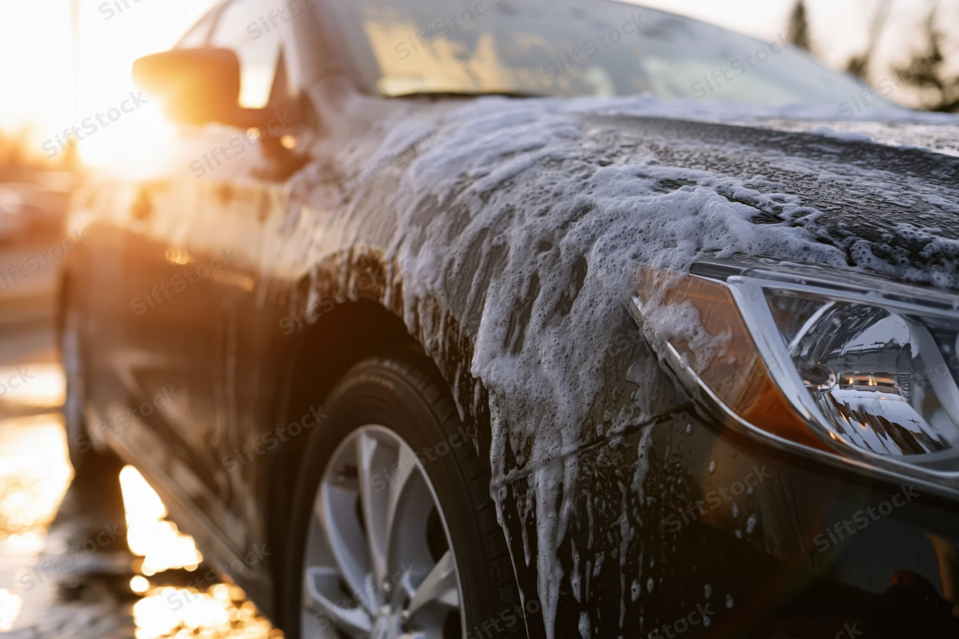 Black sedan covered in white soap foam being washed outdoors in morning sunlight
