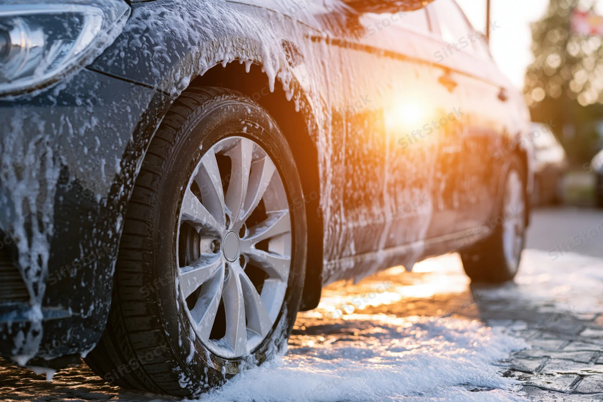 Dark sedan covered in white soap foam being washed outdoors on a paved driveway at sunrise