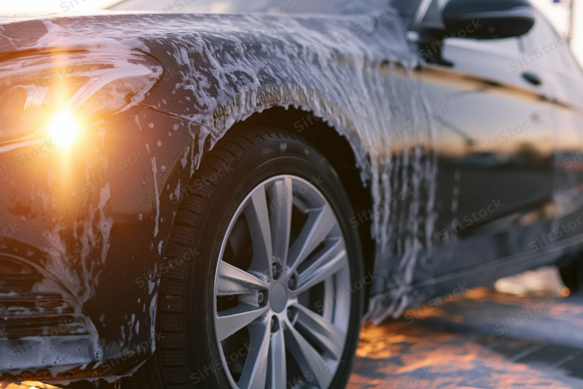 Dark sedan covered in white soap foam being washed outdoors in sunlight