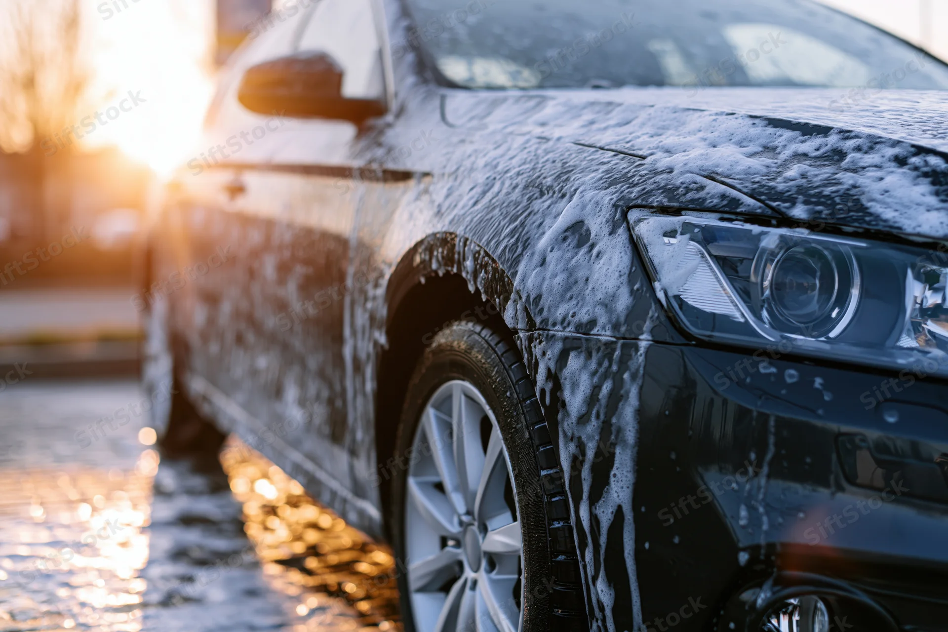 Black sedan covered in white soap foam being washed outdoors in golden light