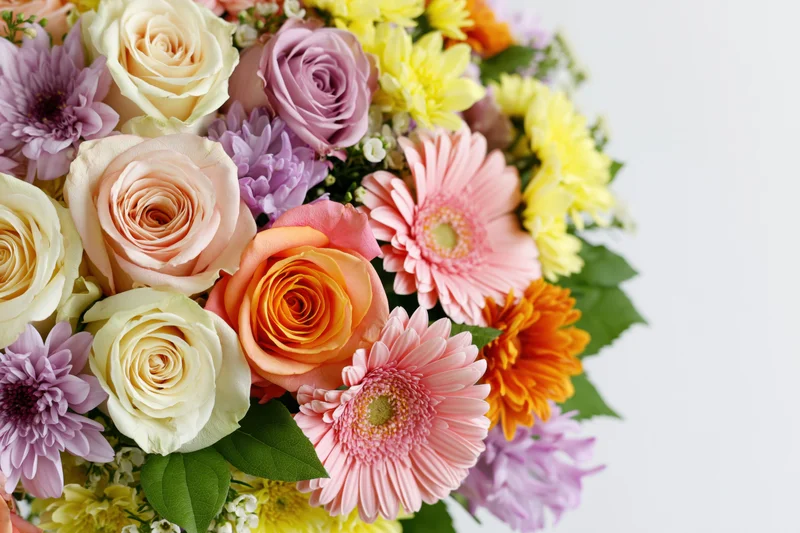 Dense mixed flower arrangement clustered along the left edge with copyspace on white background
